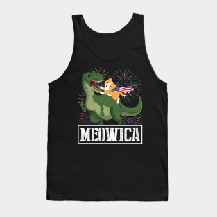 Cat With US Flag Riding Dinosaur And Fireworks MEOWICA Happy Independence July 4th Day American Cats Tank Top
